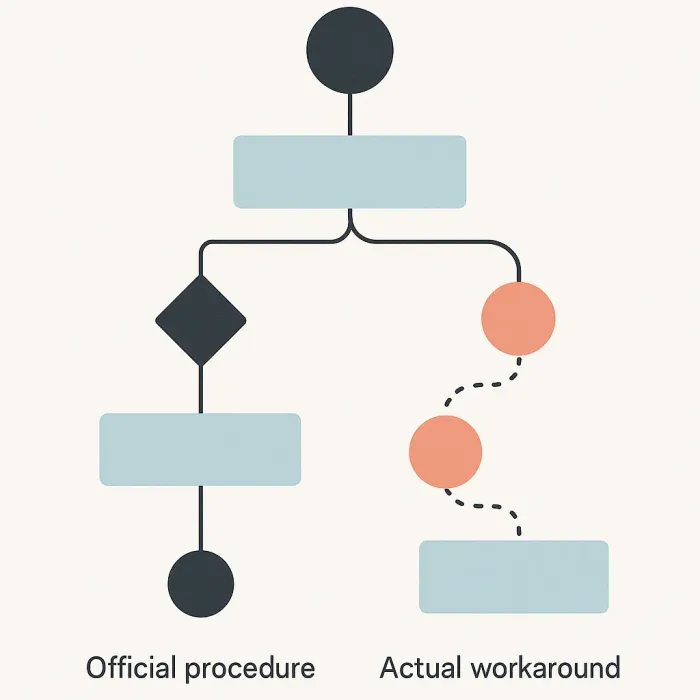 flowchart split into two paths: official procedure vs actual daily workaround steps
