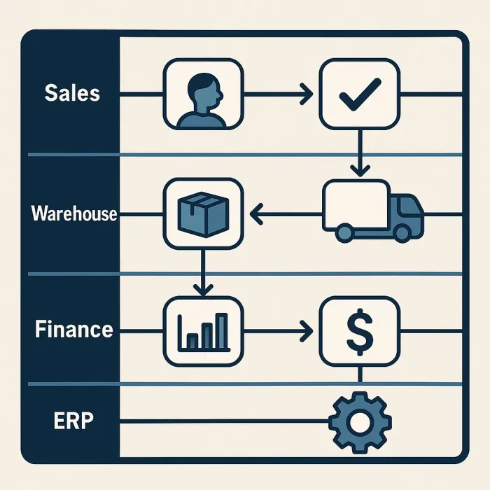 swimlane diagram showing order-to-invoice steps across sales warehouse finance and ERP lanes
