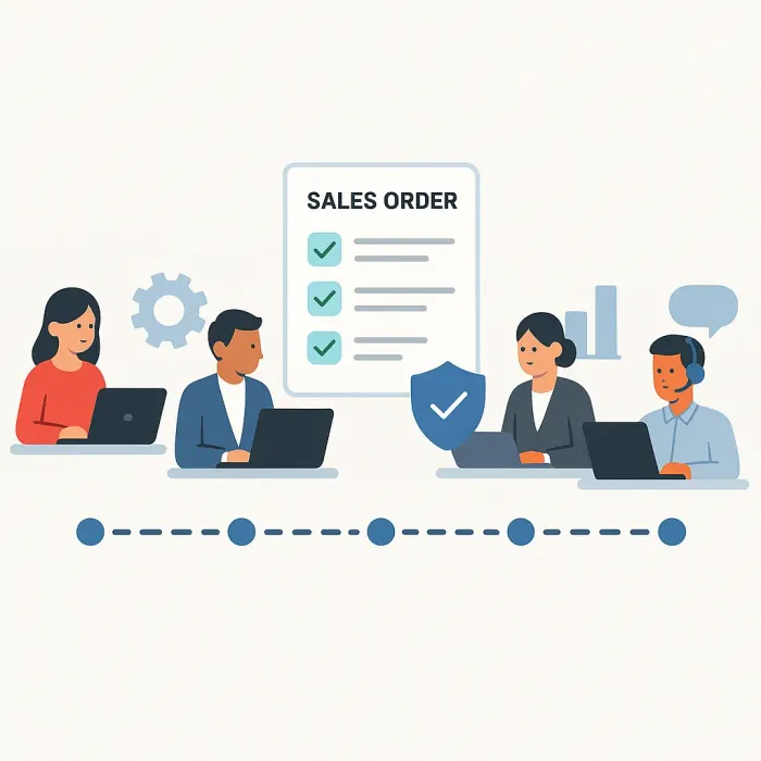 sales order moving through five departments as a timeline with gap markers