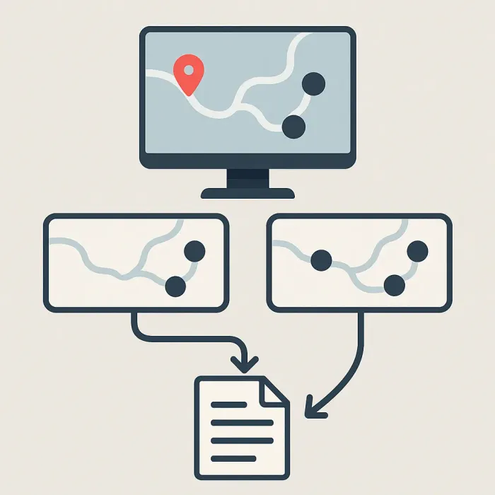 three-tier diagram: overview map, detailed stage maps, exception register as linked document