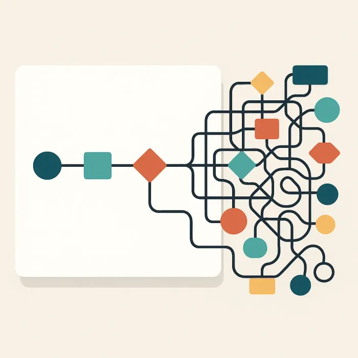 process map happy path branching into exception lanes, becoming cluttered and unreadable