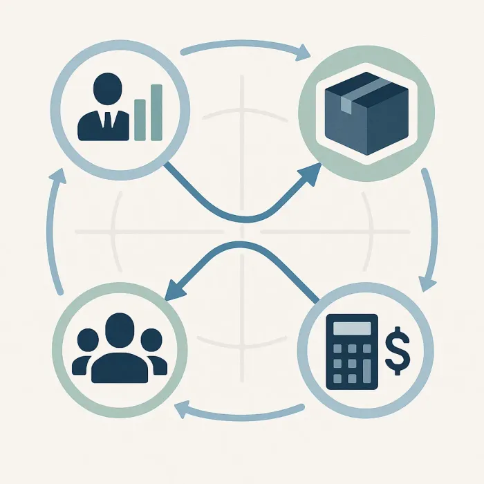 Future-state diagram showing same departments connected by automated data flows with no re-entry points