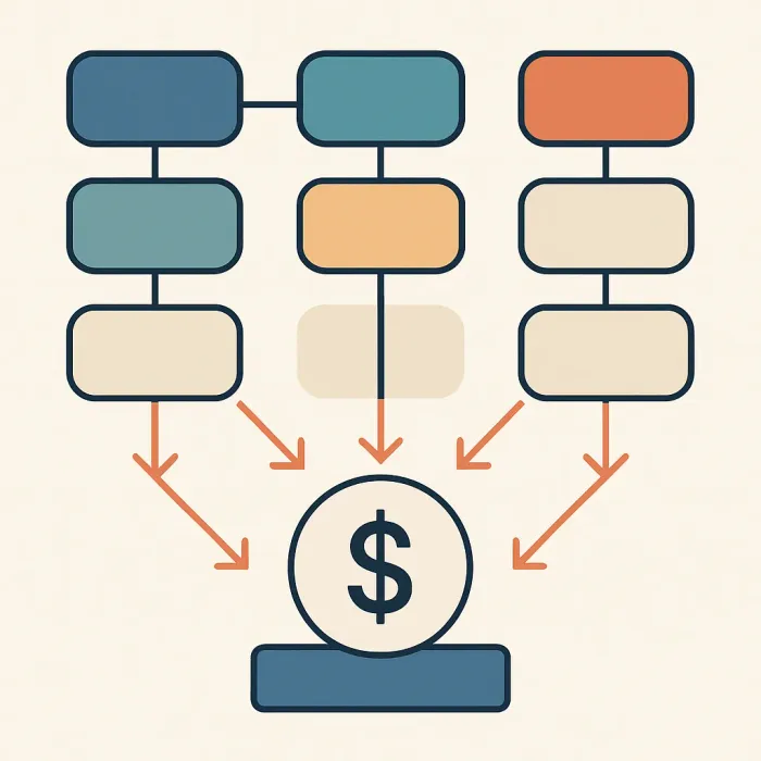 flowchart showing six process inefficiency types with cost arrows pointing to a total