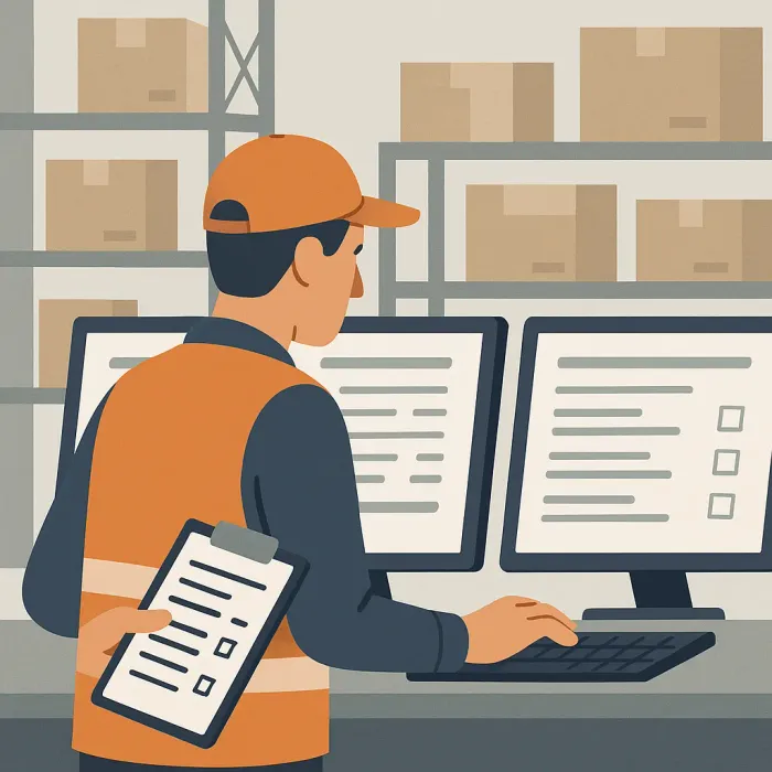 warehouse worker re-entering order data into two separate screens side by side