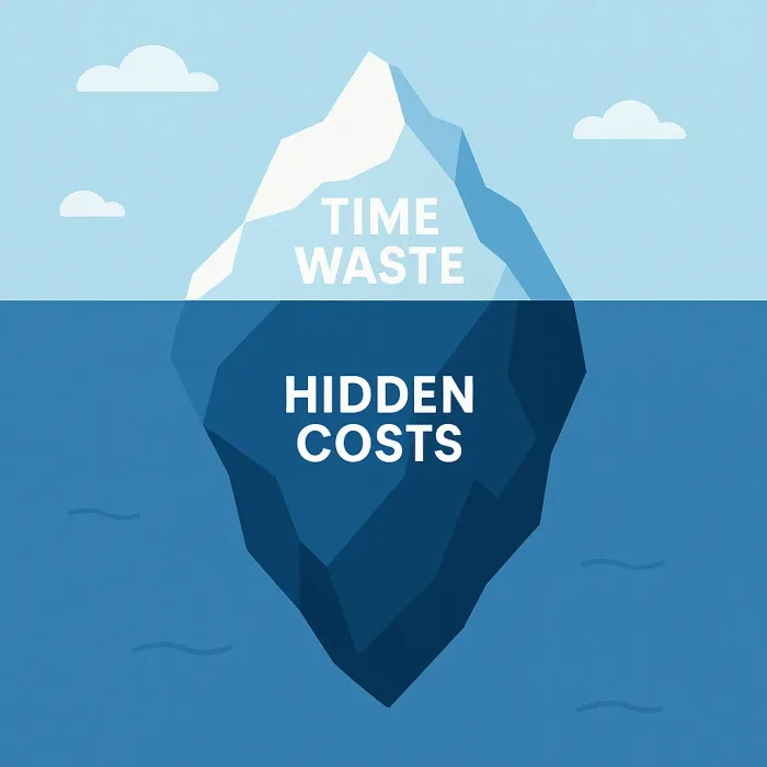 iceberg diagram showing visible time waste above water and hidden costs below