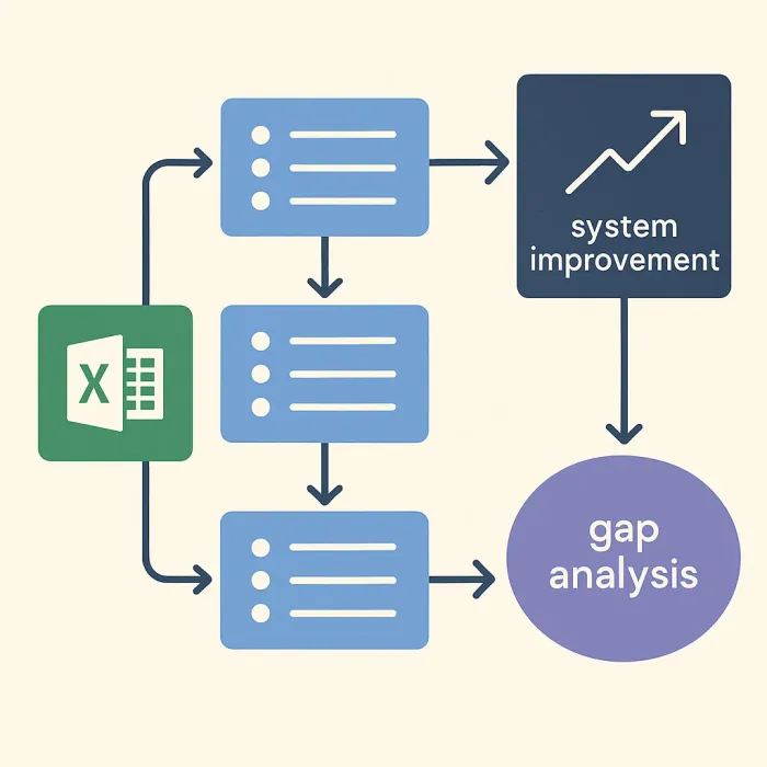 Flowchart showing Excel audit steps leading to gap analysis and system improvement