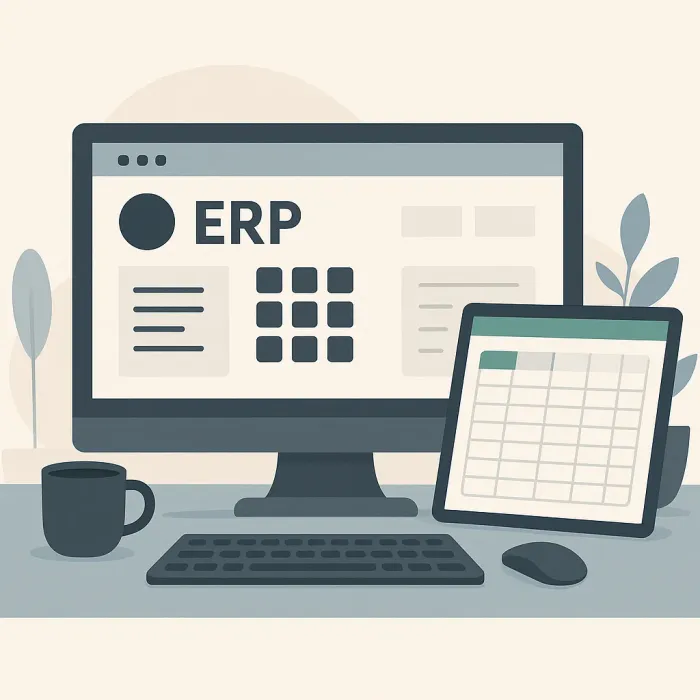 ERP system on screen with Excel spreadsheet open beside it on a desk