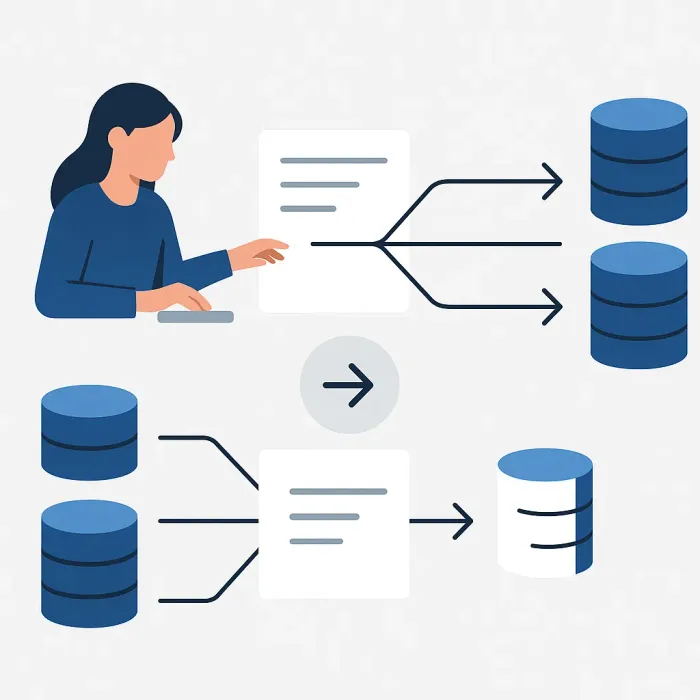 before-and-after diagram showing manual multi-step data entry versus automated single-entry flow