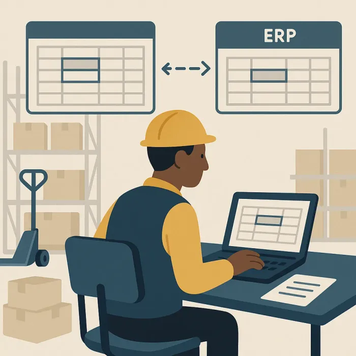 warehouse worker re-entering order data into disconnected spreadsheet and ERP system