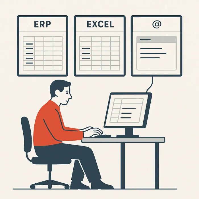 Employee manually typing same data into ERP, Excel, and email side by side