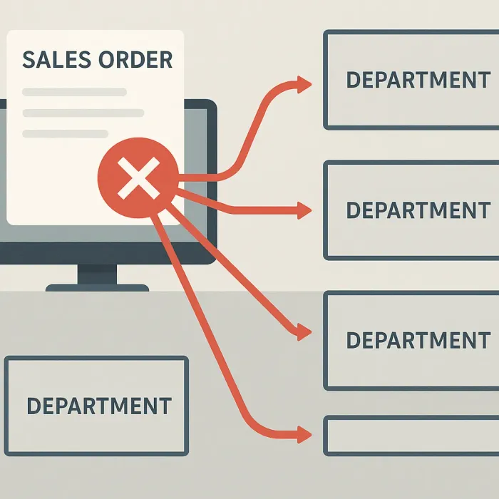 Sales order entered incorrectly, arrows spreading into five department boxes