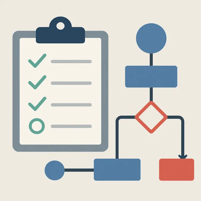 checklist on a clipboard next to a process flowchart with exception branches highlighted
