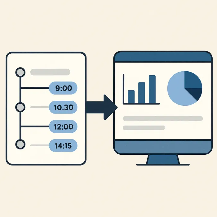 Single process record with timestamps at each stage feeding into a reporting dashboard