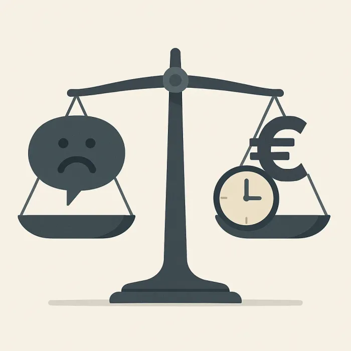 scales weighing a complaint vs measurable business impact in euros and hours