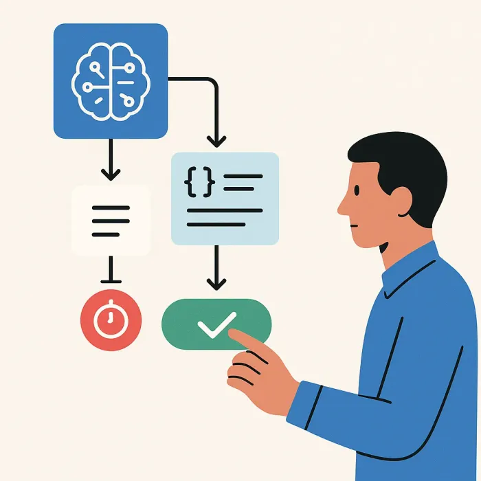 Flowchart showing AI output handed to human with context note, escalation timer, and approval button