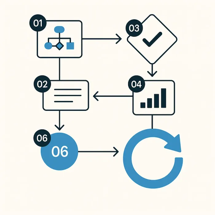 Flowchart of six steps from process mapping to review cycle, clean and numbered