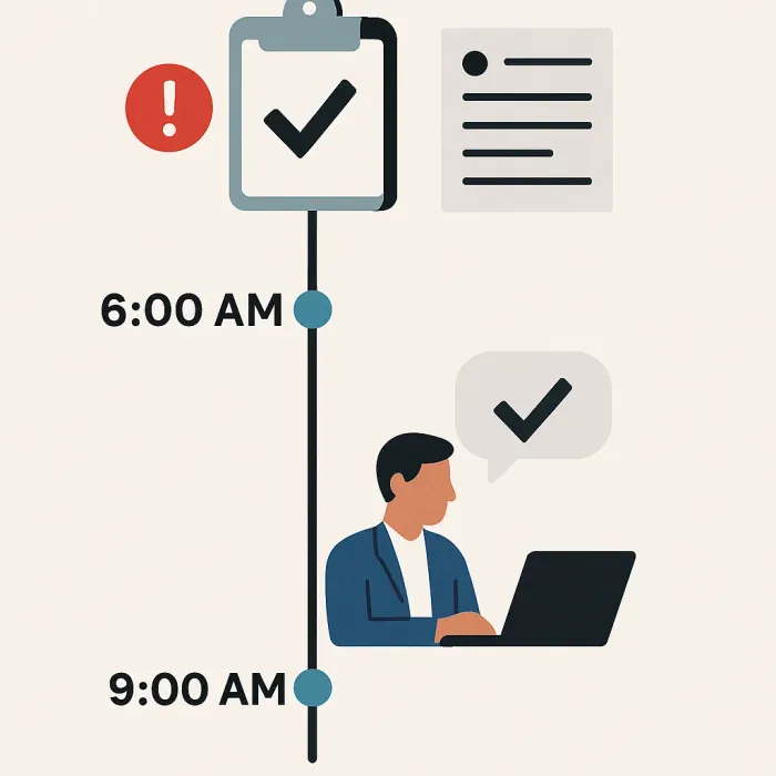timeline showing urgent order approved at 6am with audit log entry, followed by procurement review at 9am