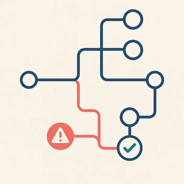 branching workflow diagram showing a standard path and a controlled exception path with approval gate