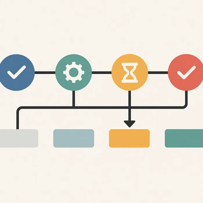 workflow stages mapped to status values on a horizontal timeline diagram
