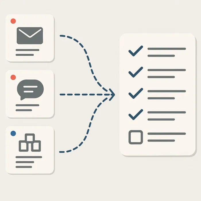 scattered tasks in email chat spreadsheet ERP all pointing to one unified queue