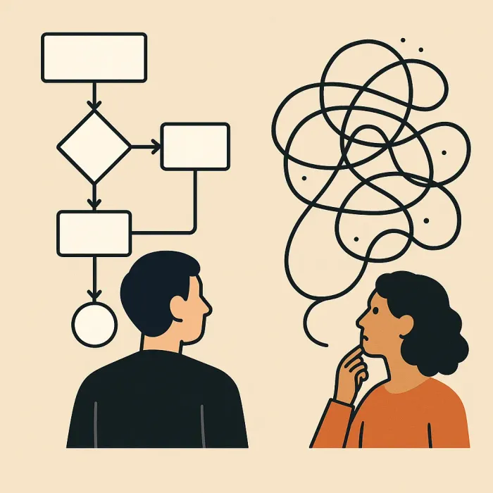 designer sees clean flowchart, user sees messy real-world path with exceptions