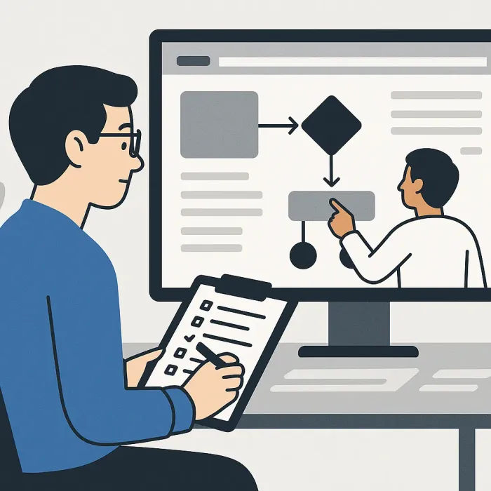 observer watching user navigate a workflow screen, taking structured notes