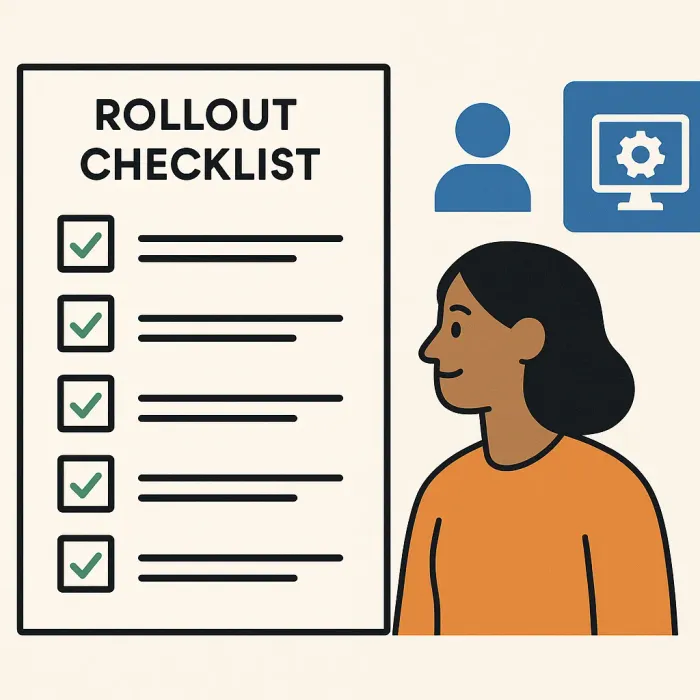 rollout checklist with five steps, person and system icons side by side