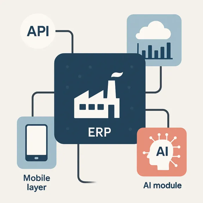Manufacturing ERP system at center, with API connectors, mobile layer, AI module, and cloud dashboard extending outward from it