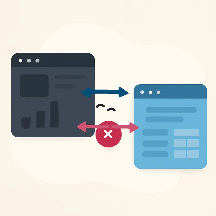 two systems with data flow between them, one arrow marked as incorrect duplicate status