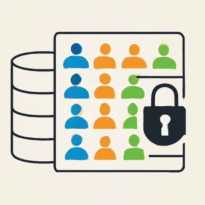 één database met klantrecords gescheiden door gekleurde gebruikersgroepen en een slot-icoon