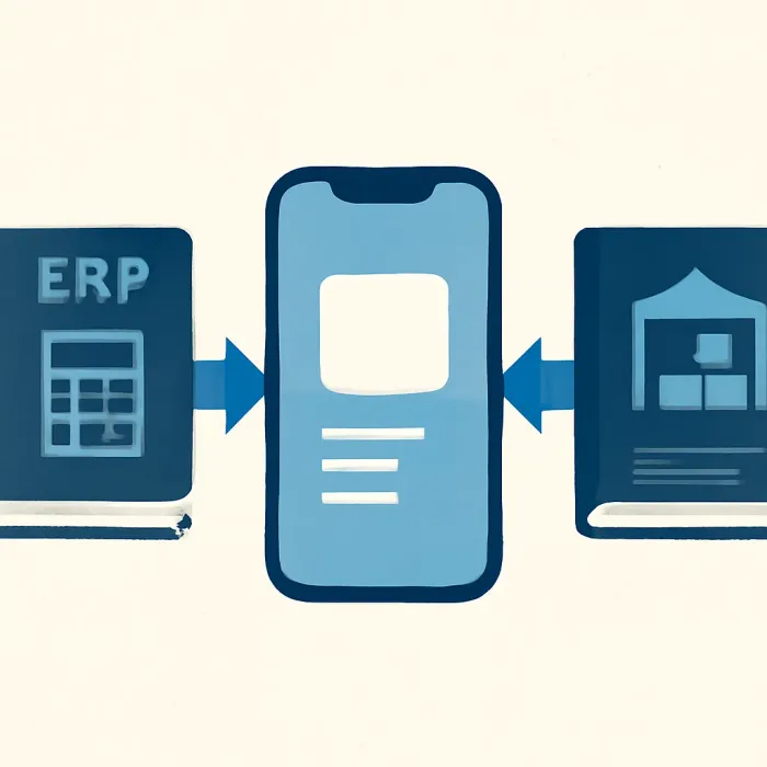 mobiele telefoon met pijlen naar ERP boekhouding en voorraadsysteem