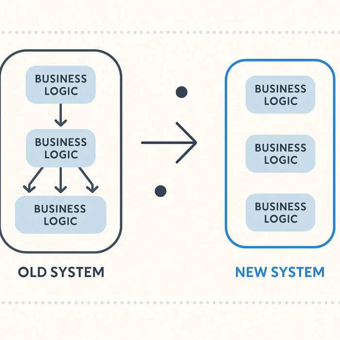 Old system with labeled business logic nodes being transferred to new system, some nodes missing