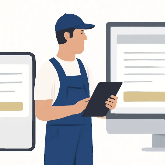 monteur met tablet naast versimpeld mobiel formulier versus vol desktopscherm
