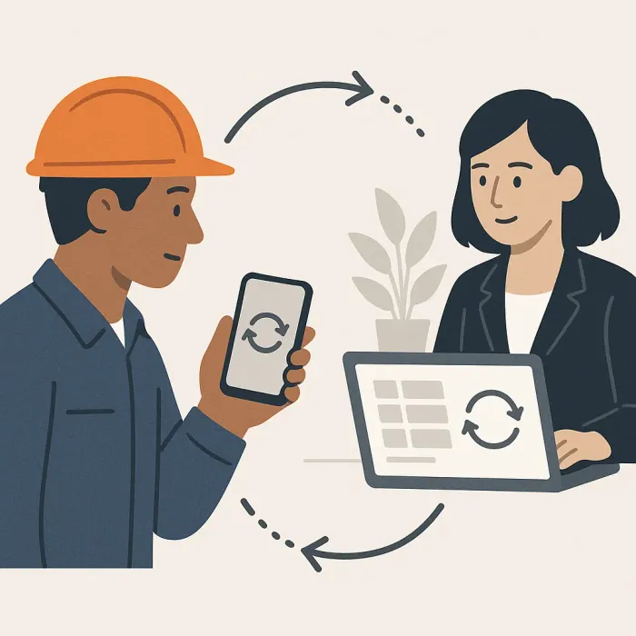 technician's phone offline syncing job data to office ERP