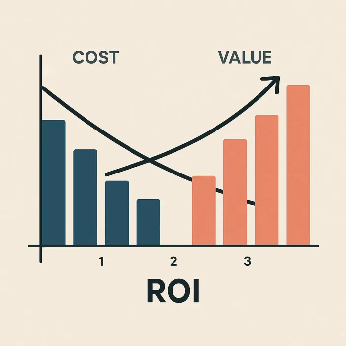 ROI calculation diagram with cost bars going down and value bars going up over a 3-year timeline