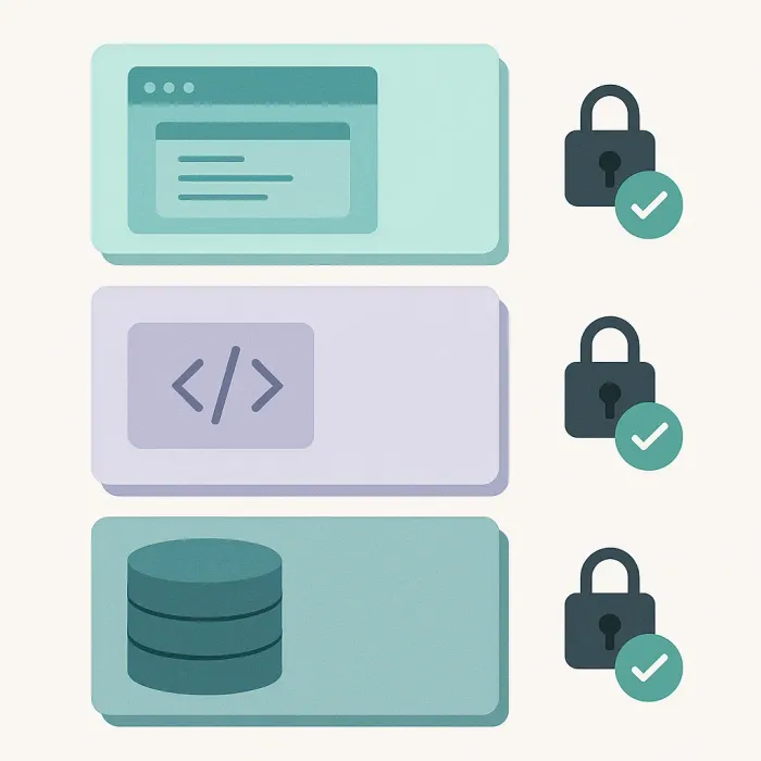 a layered diagram showing web front end, application logic, and database with access checks at each layer