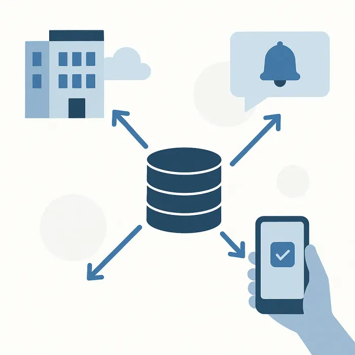 een enkele centrale database met pijlen die synchroniseren naar kantoor, mobiele veldapp en klantmeldingen