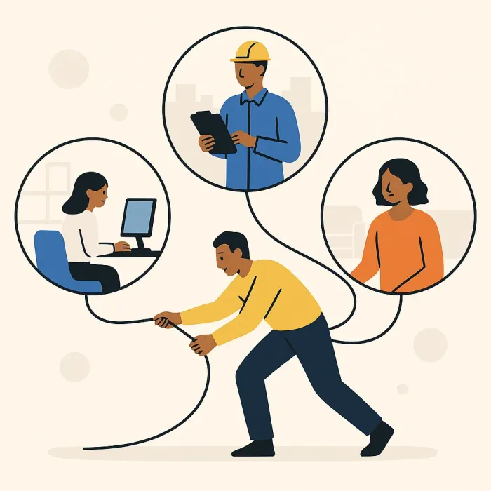drie losgekoppelde workflowbubbles: kantoor, veld, klant, met een persoon die handmatig gaten tussen hen dicht