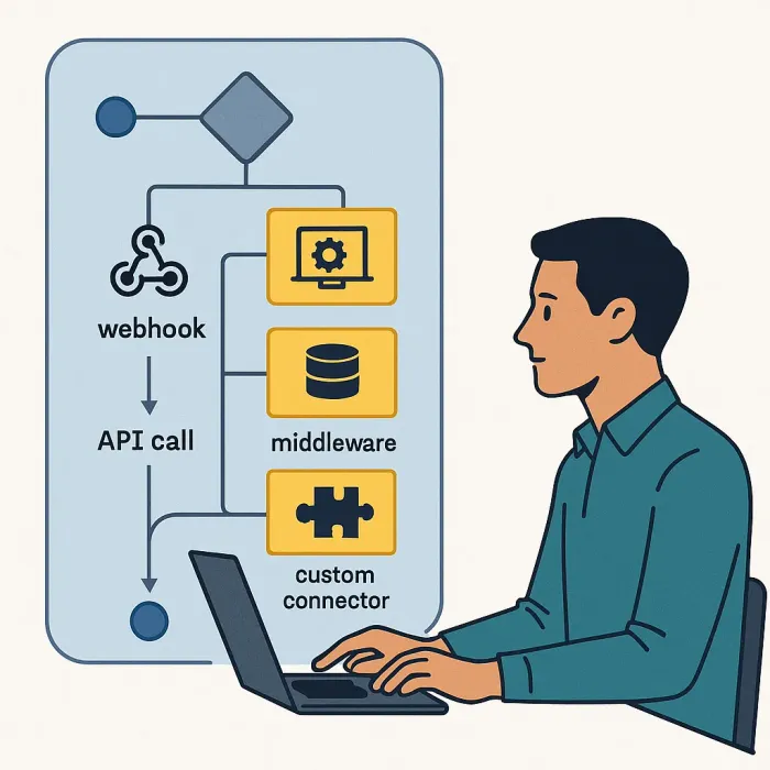 decision flowchart choosing between webhook, API call, middleware, or custom connector