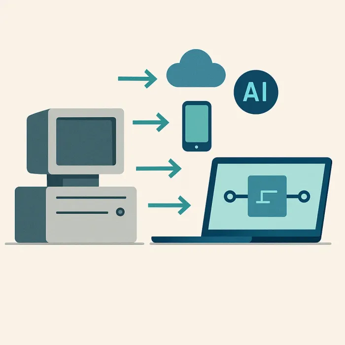legacy system on left, modernized system on right, arrows showing gap in capabilities like API, cloud, mobile, AI