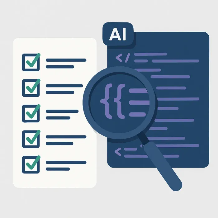 checklist next to AI-generated code with a magnifying glass