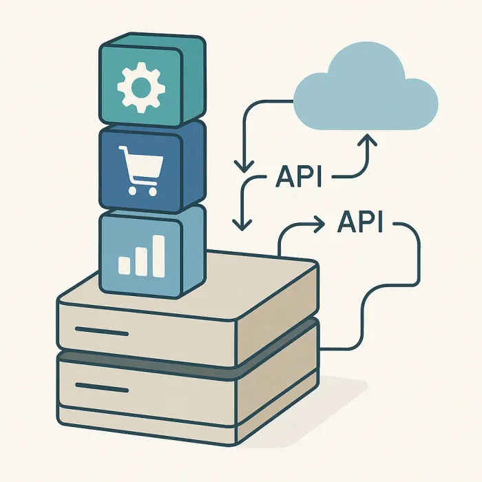 Legacy ERP system with modular upgrades layered on top, arrows showing APIs and cloud connections