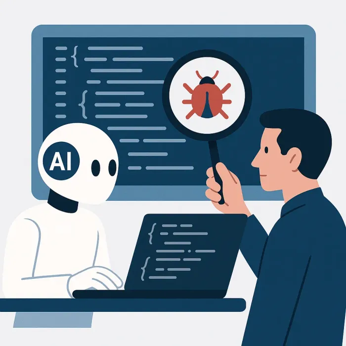 AI writing code with a hidden bug icon flagged by a reviewer