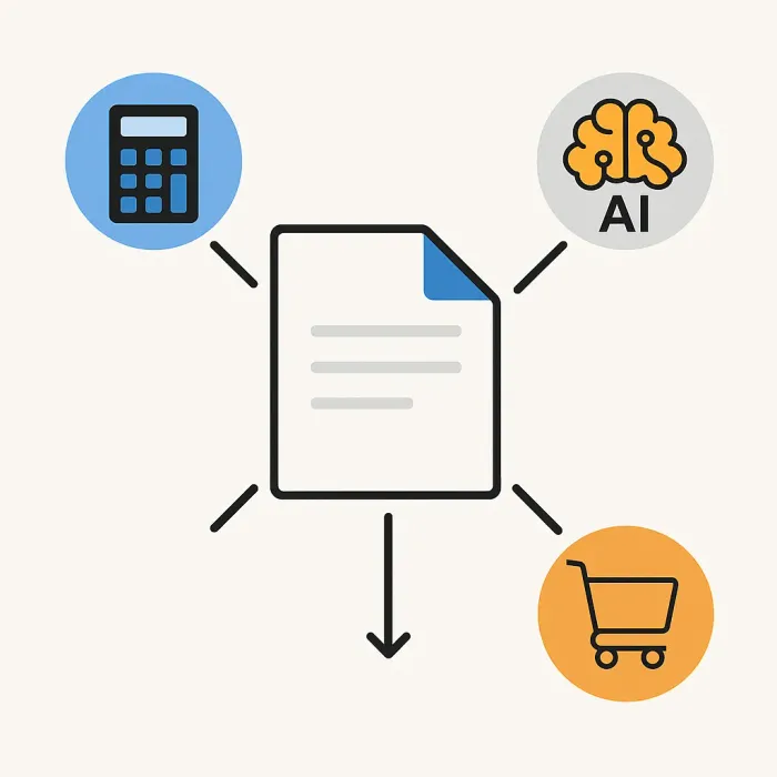 FileMaker file connected by arrows to accounting, webshop, and AI icons