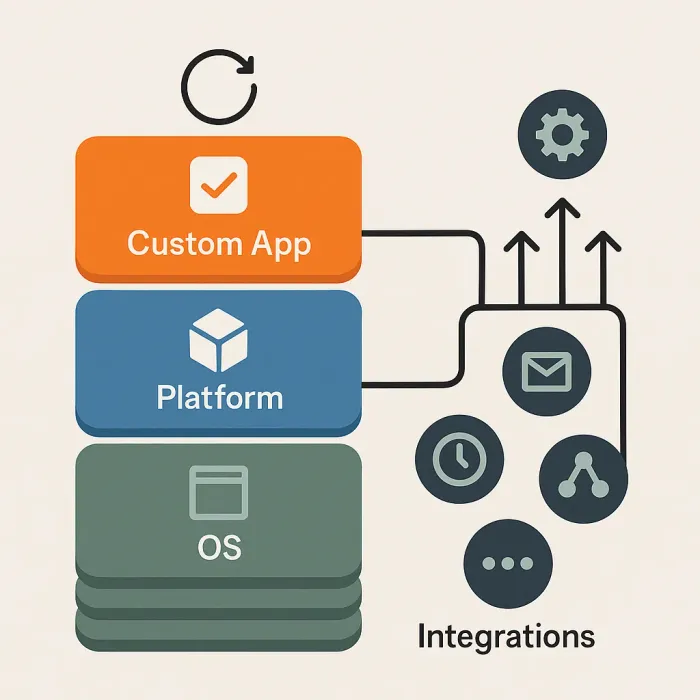 layered stack: OS, platform, custom app, integrations, each with own update cycle