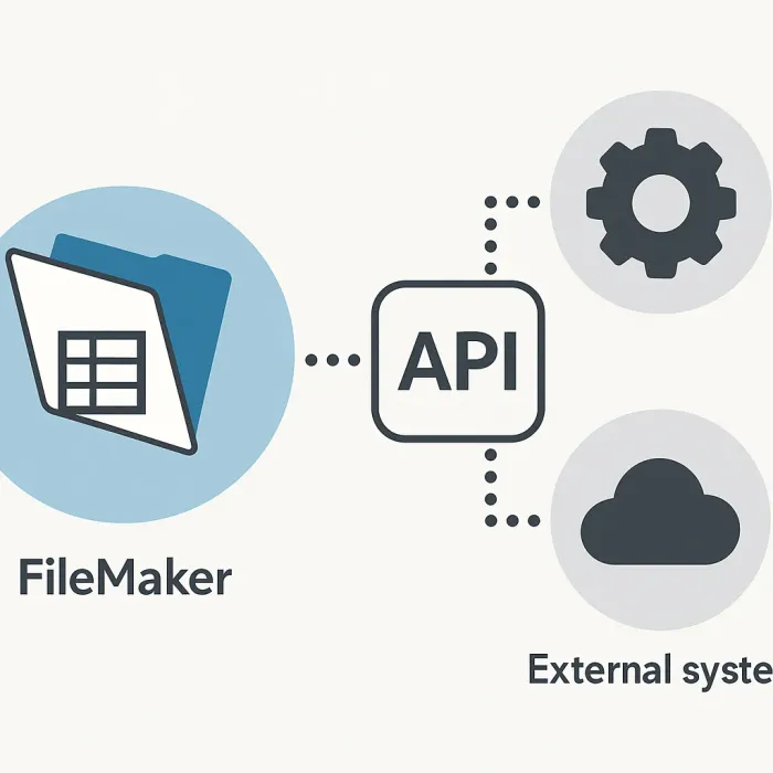 FileMaker database connected through an API layer to two external systems