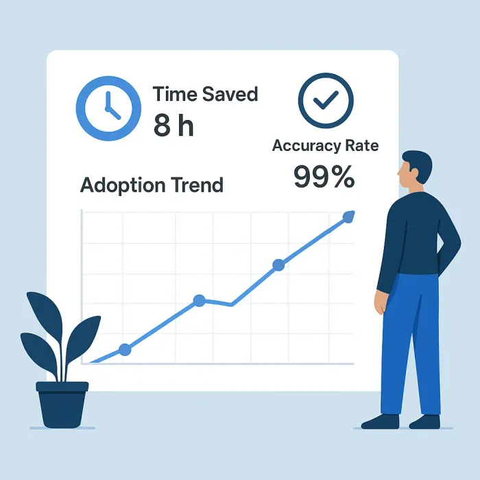 dashboard showing time saved, accuracy rate, and adoption trend