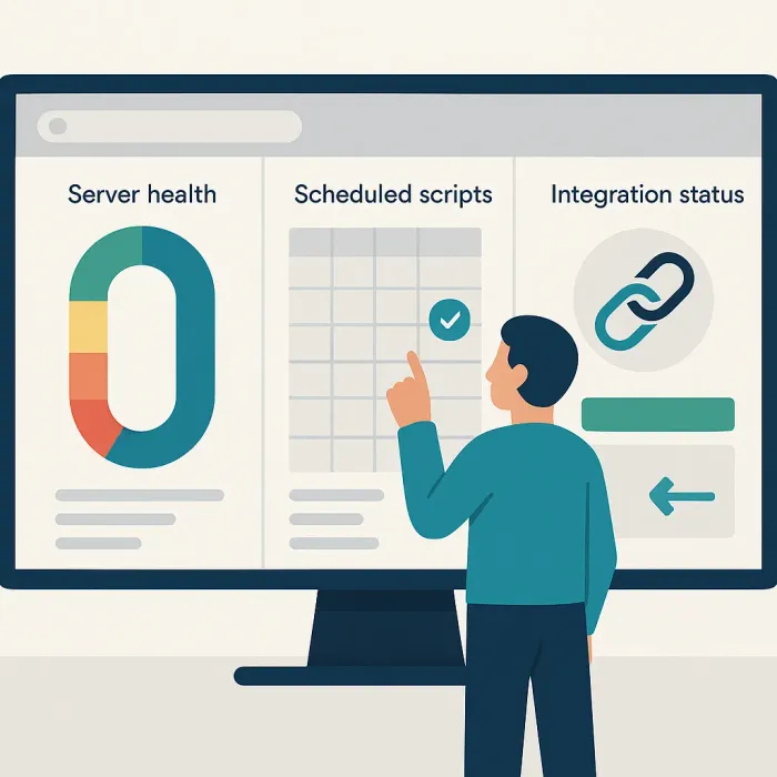 dashboard showing server health, scheduled scripts, and integration status