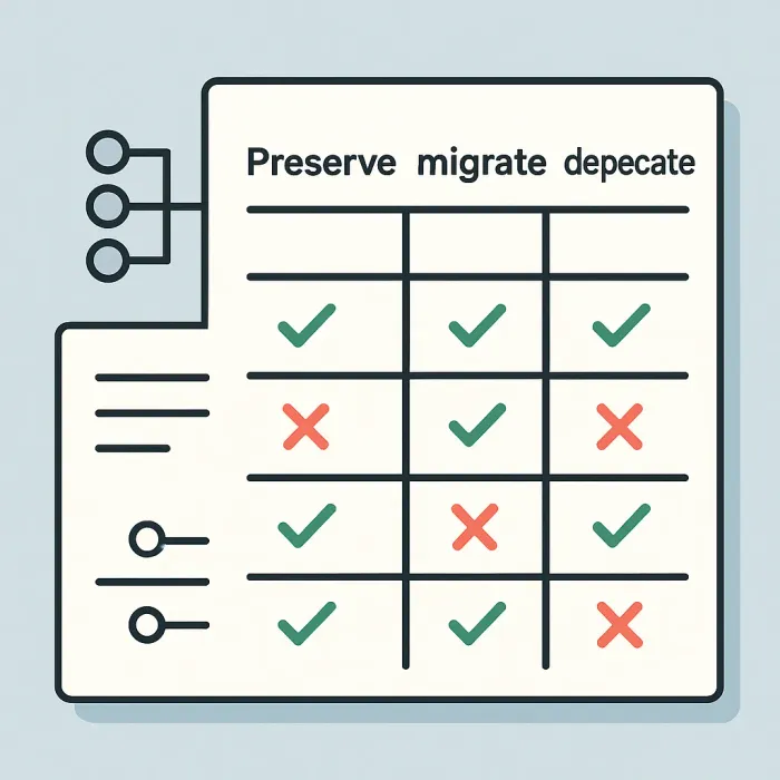 checklist with four columns: preserve, migrate, rewrite, deprecate across logic rules