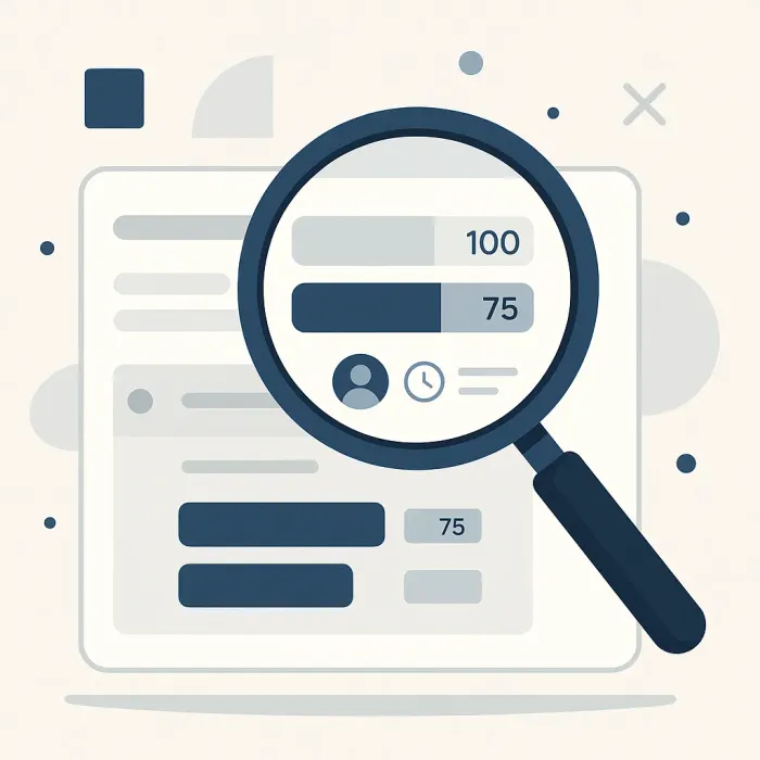 a magnifying glass over a data record showing before and after values with a timestamp and user name